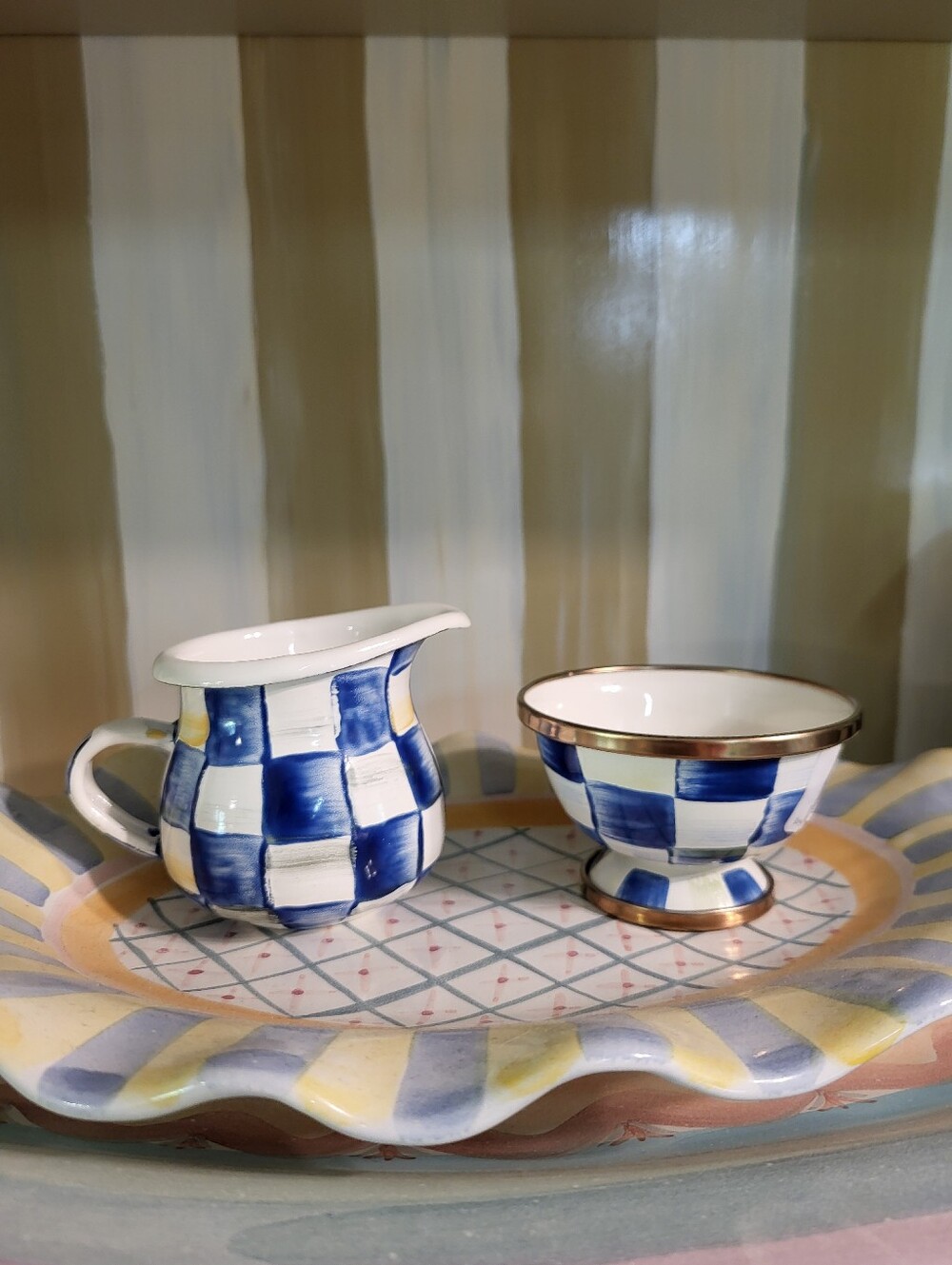 Mackenzie Childs Royal Check Creamer And Sugar Bowl